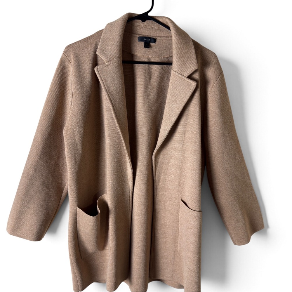 J.Crew Merino Wool Sweater Blazer Tan Women M Open Front Patch Pockets Soft Warm